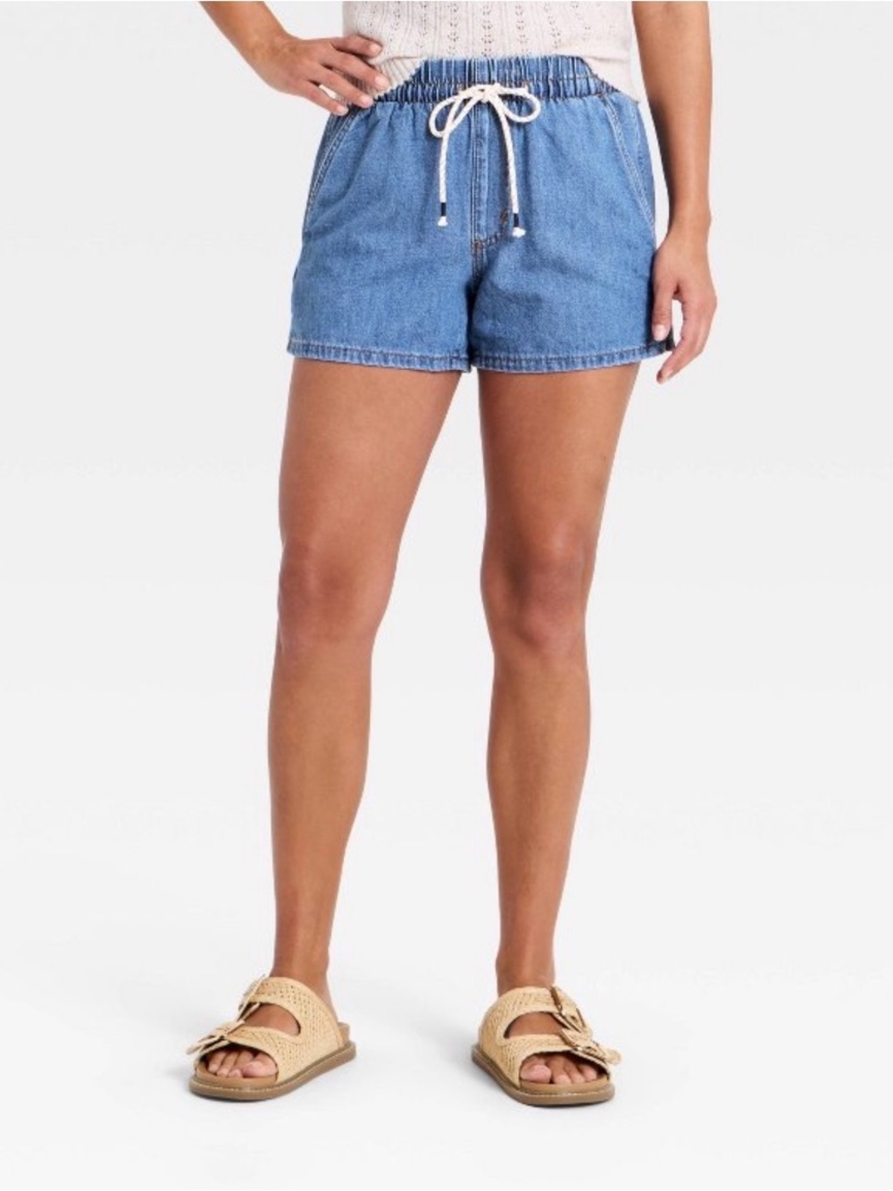 NWT Universal Thread Mid-Rise Linen-Blend Pull-On Beach Denim Shorts